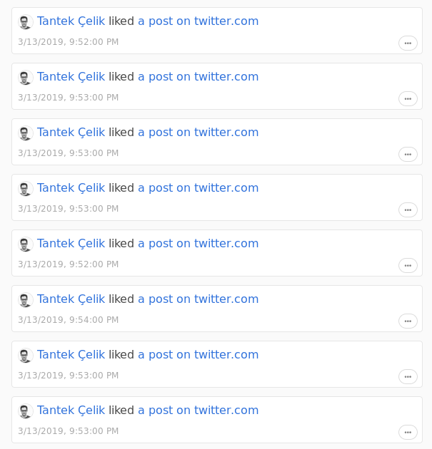 8 nearly-identical posts saying 'Tantek Çelik liked a post on twitter.com'